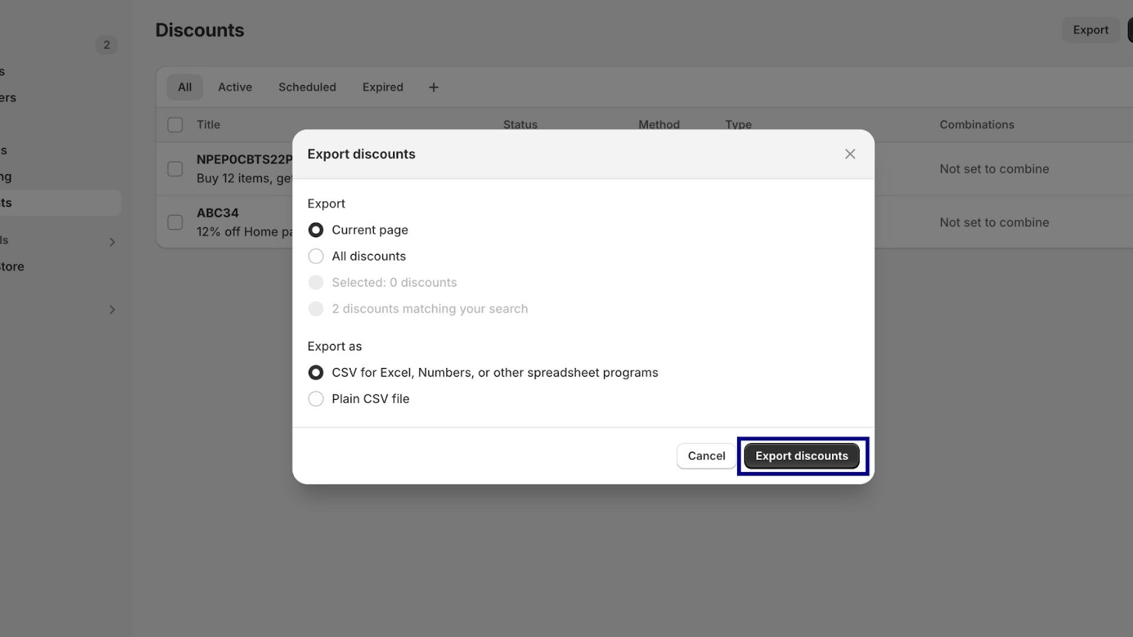 export discount codes Shopify